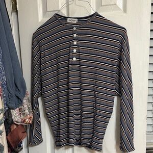 Striped Long Sleeve Henley Top in Navy & Tan